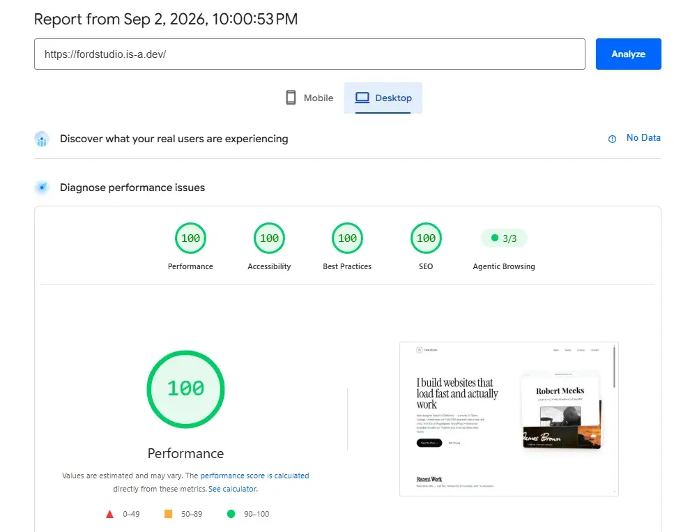 PageSpeed Mobile 100/100 - fordstudio.is-a.dev