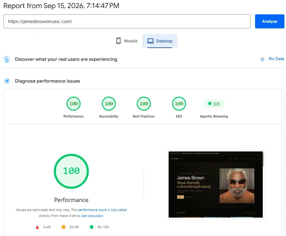 Desktop PageSpeed score of 100/100